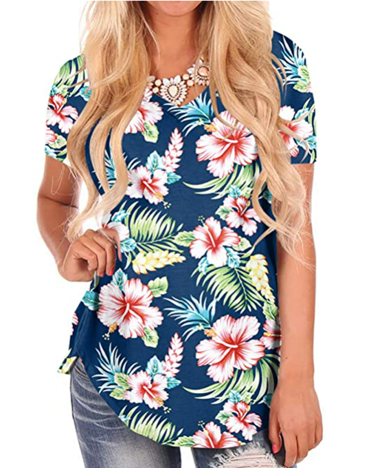 Women's Short Sleeve Loose Casual V-Neck Floral T-Shirt Tops