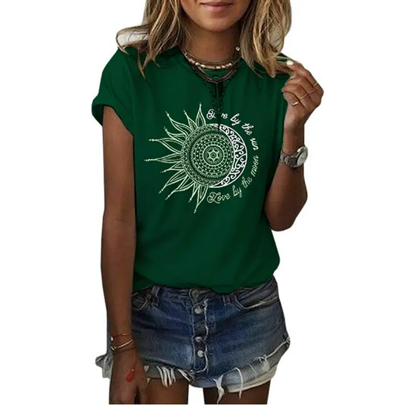 Women Printing Sun and Moon Pattern T-shirt Summer T-shirt