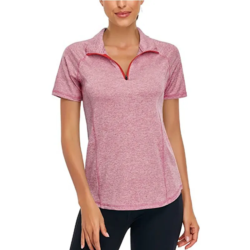Women's Short Sleeve Zip Pullover Rich Color Sport T-Shirt