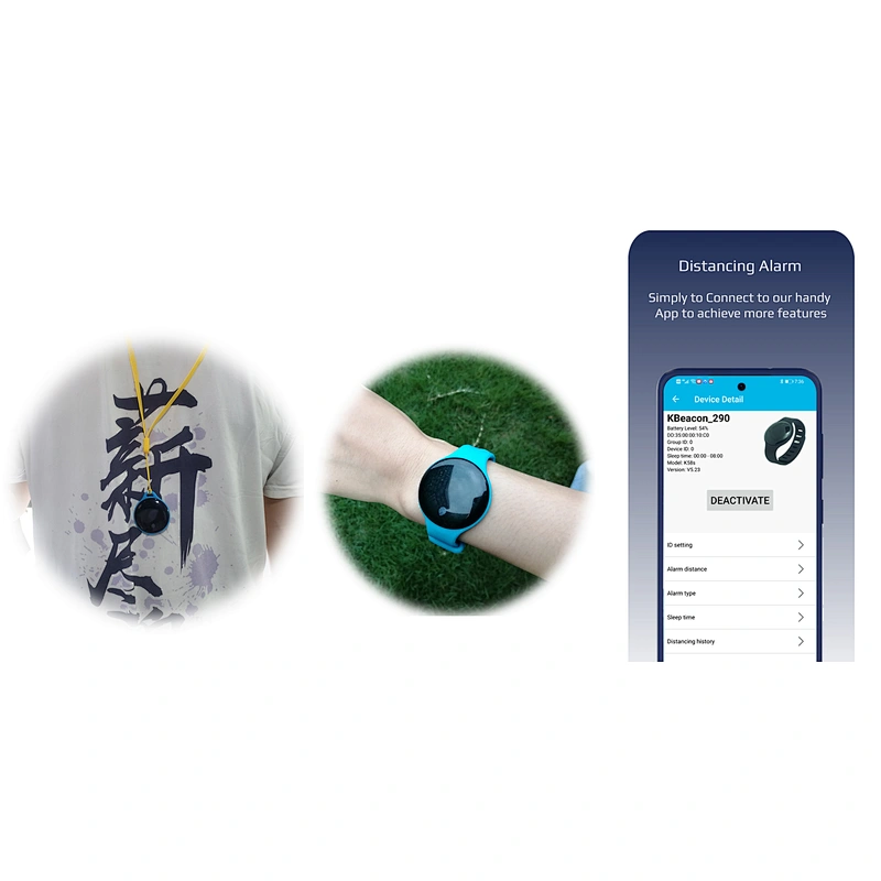 OEM ODM social distance alarm vibration/LED alert keep safe reminding button trigger for quietplace solution