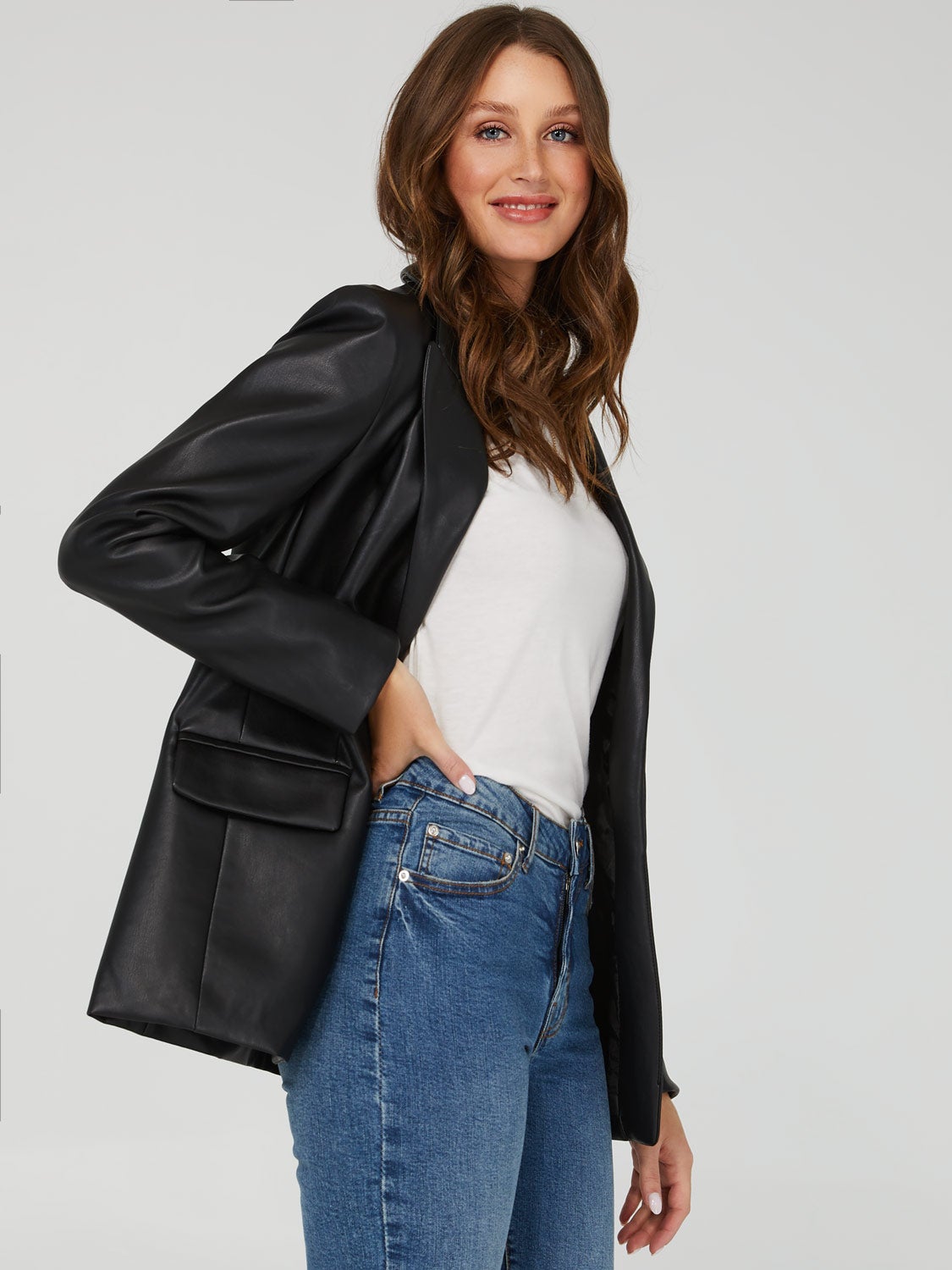 Faux-Leather Mid-Length Blazer