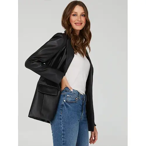 Faux-Leather Mid-Length Blazer