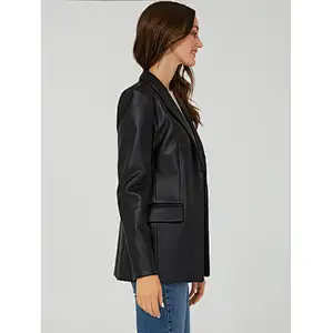 Faux-Leather Mid-Length Blazer