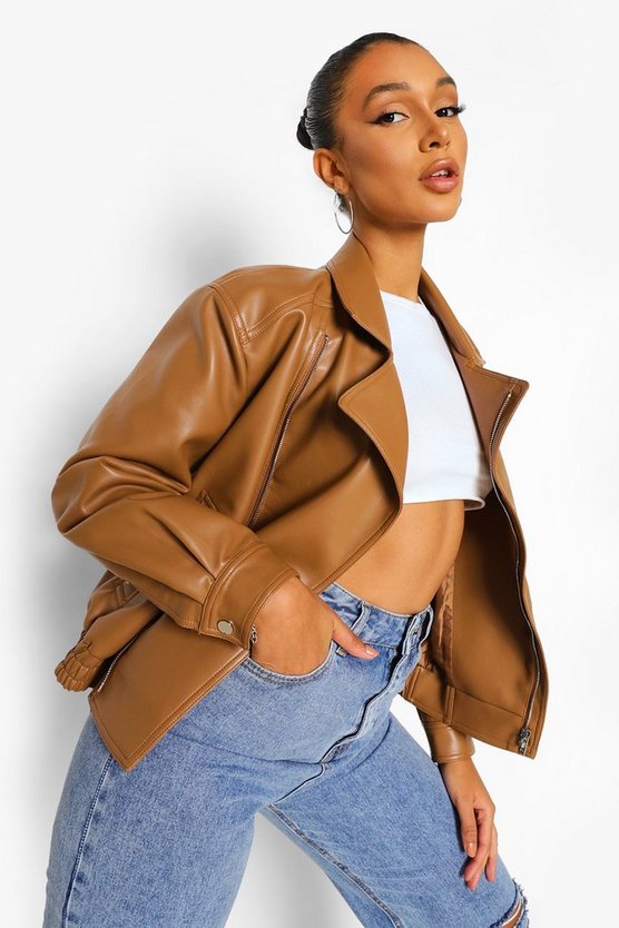 tan brown faux leather biker jacket