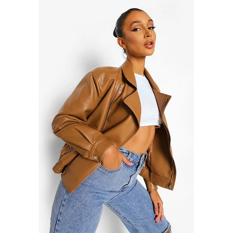 tan brown faux leather biker jacket