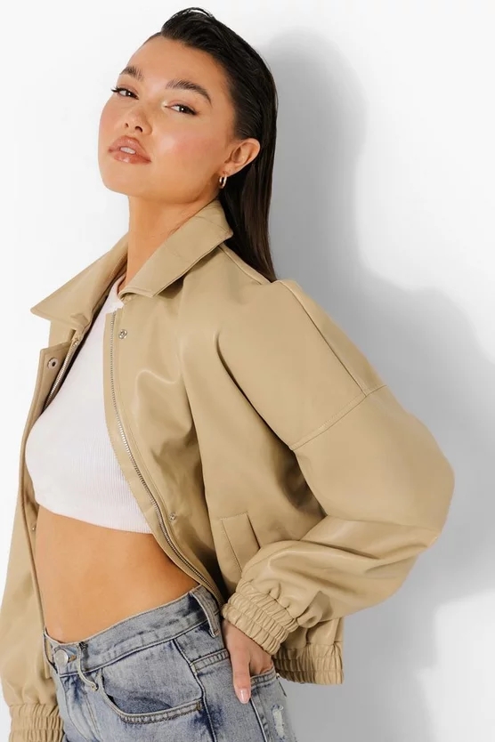 stone beige oversized faux leather bomber jacket