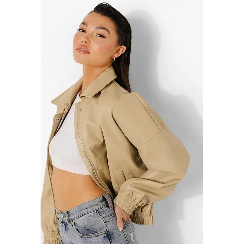 stone beige oversized faux leather bomber jacket