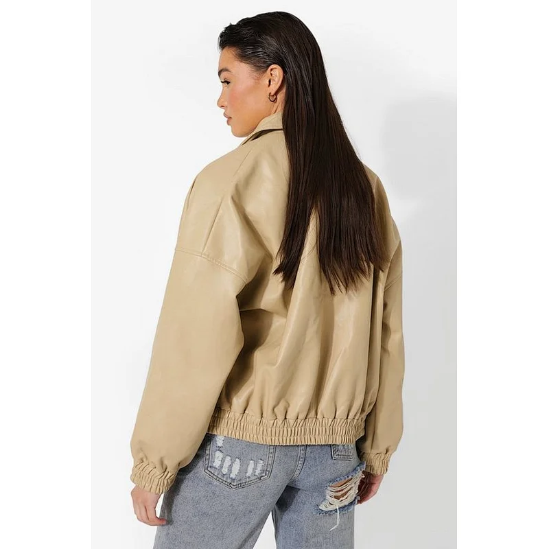 stone beige oversized faux leather bomber jacket