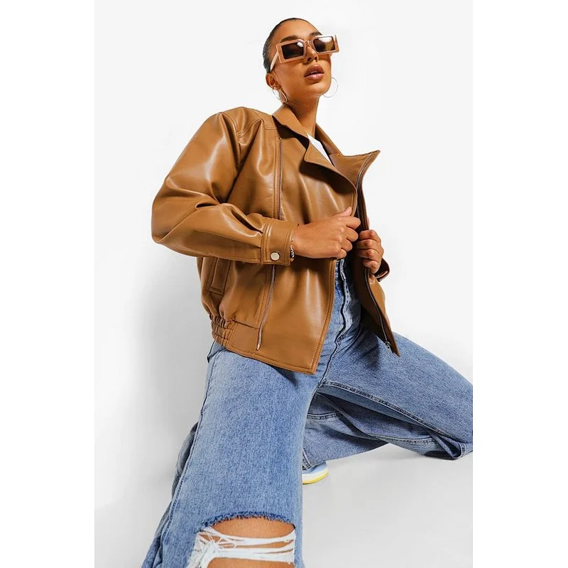 tan brown faux leather biker jacket