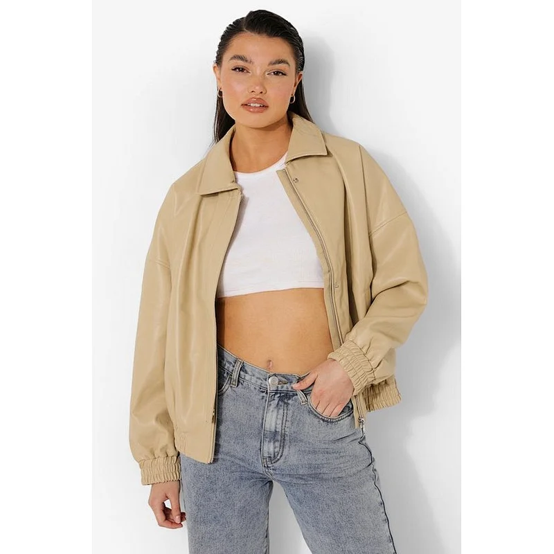 stone beige oversized faux leather bomber jacket