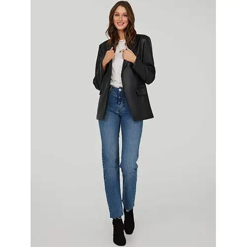 Faux-Leather Mid-Length Blazer