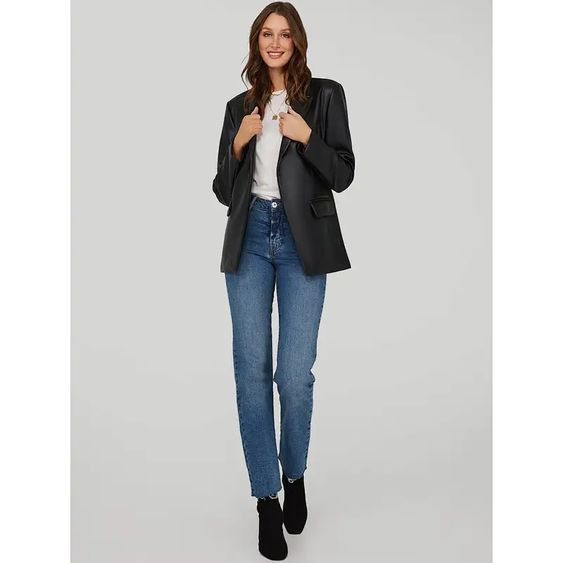 Faux-Leather Mid-Length Blazer