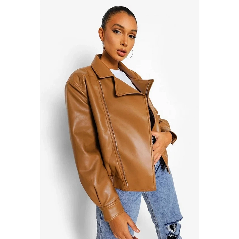 tan brown faux leather biker jacket