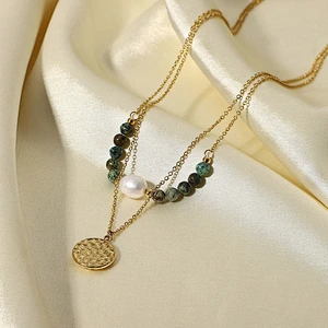 Natural Stone Pearl Pendant Layered Steel Necklace