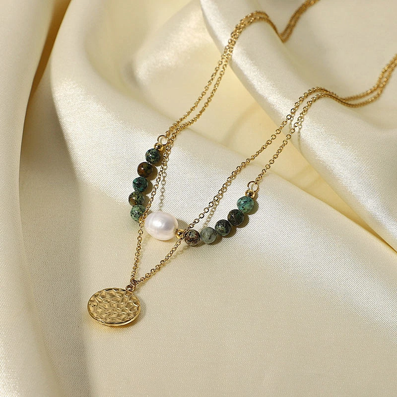 Natural Stone Pearl Pendant Layered Steel Necklace