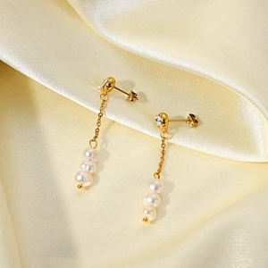 Gold Plated Earrings With Fresh Water Pearl Pendant