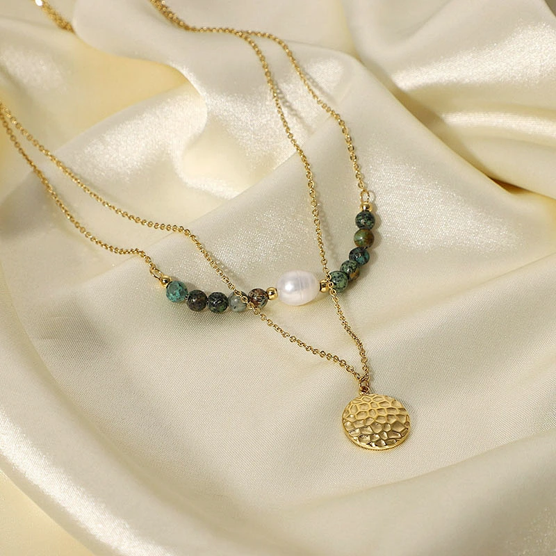 Natural Stone Pearl Pendant Layered Steel Necklace