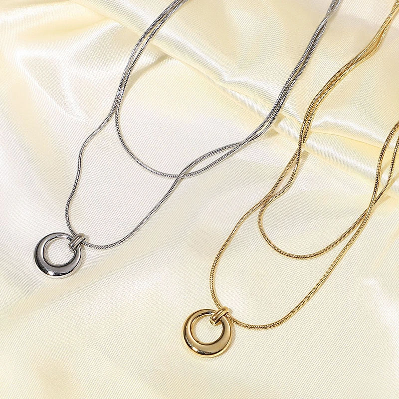 18K Gold Rhodium Plated Circle Pendant Multilayer Necklace