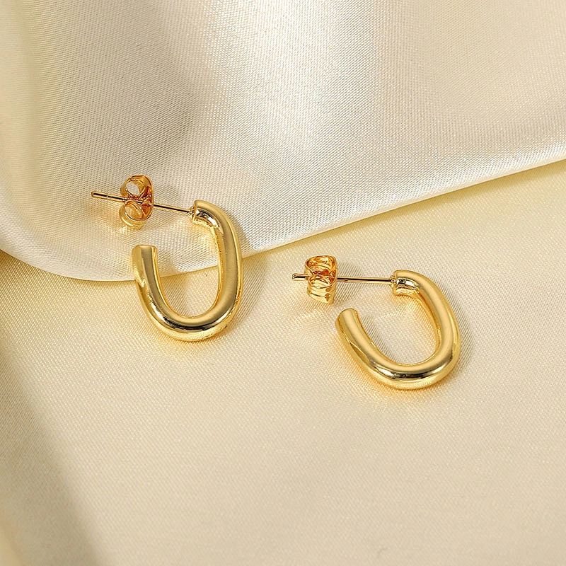 18K Gold Plated Steel Earrings Basic Hoop Stud Earrings