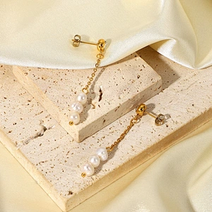 Gold Plated Earrings With Fresh Water Pearl Pendant