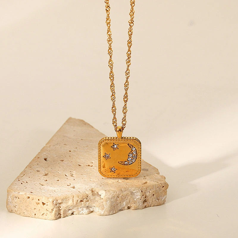 Moon Star Square Zircon Pendant Chain Necklace