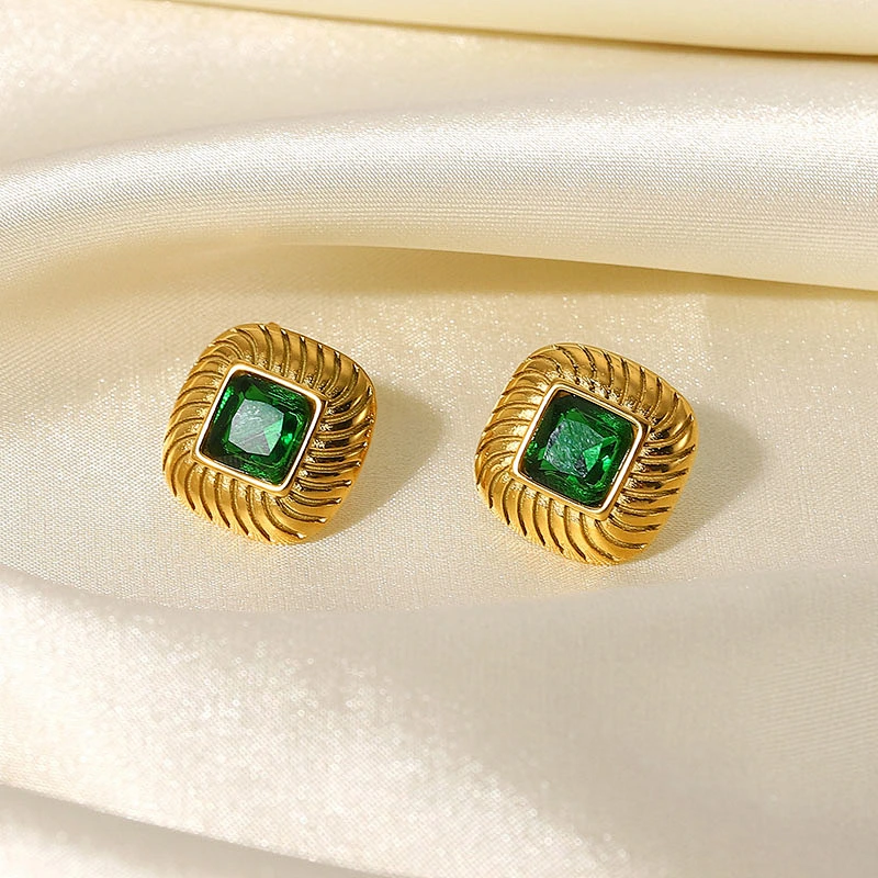 Colorful Square Zircon Stone Gold Plated Stud Earrings