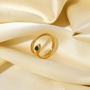 Stainless Steel Snake Ring With Green Stone