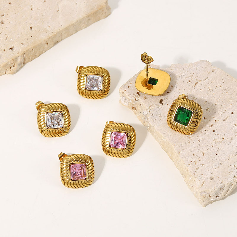 Colorful Square Zircon Stone Gold Plated Stud Earrings