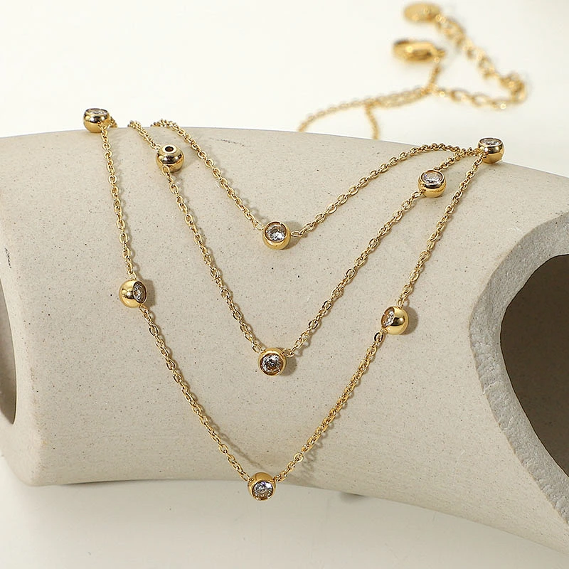 Cubic Zirconia Stone Layered Chain Necklace