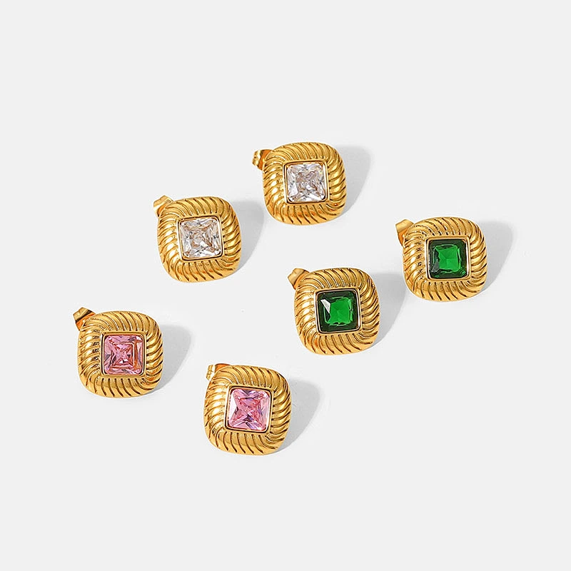 Colorful Square Zircon Stone Gold Plated Stud Earrings