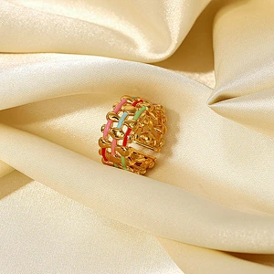 Stainless Steel Colorful Enamel Ring Waterproof Wide Band Ring