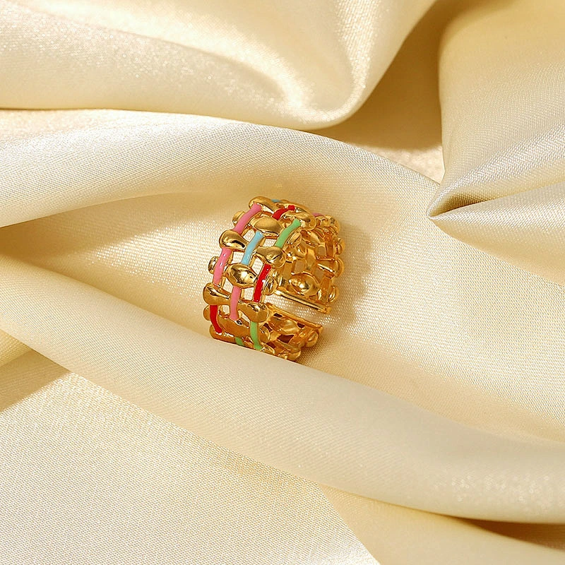 Stainless Steel Colorful Enamel Ring Waterproof Wide Band Ring
