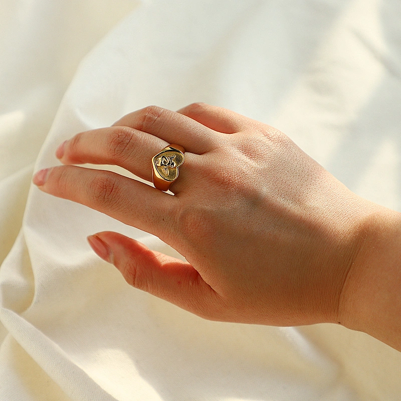 Vintage Steel Ring 18k Gold Plated Engraved Women's Ring