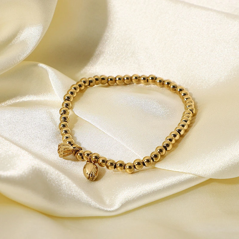 Small Lotus Pendant Bead Bracelet Stainless Steel