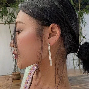 New Steel Gold Long Zirconia Drop Tassel Earrings