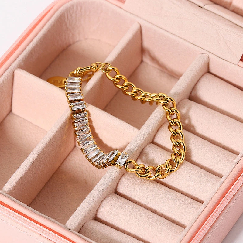 Simple Cubic Zirconia Chain Bracelet Of Stainless Steel