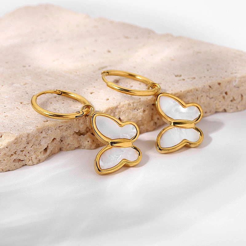 18K Gold Natural Shell Butterfly Pendant Earrings For Women
