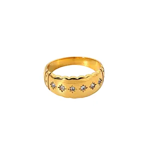 Women Rhinestone Eight Awn Star Stainless Steel Ring