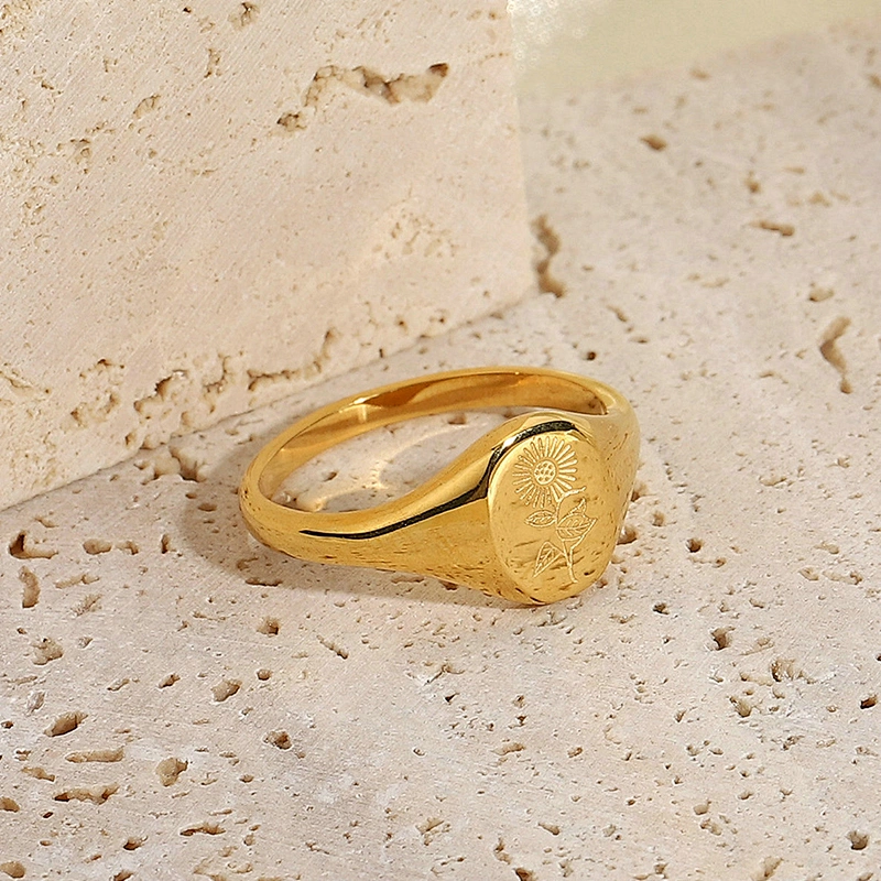 Fashion Simple 18K Gold Plated Metal Flower Engraving Ring