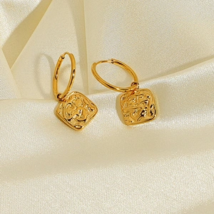 18K Gold Plated Earrings Rectangular Embossed Drop Earrings