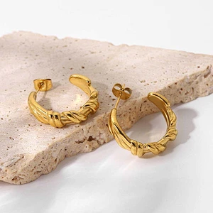 18K Gold Stainless Steel Twisted C-Shaped Earrings For Women