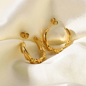 18K Gold Stainless Steel Twisted C-Shaped Earrings For Women