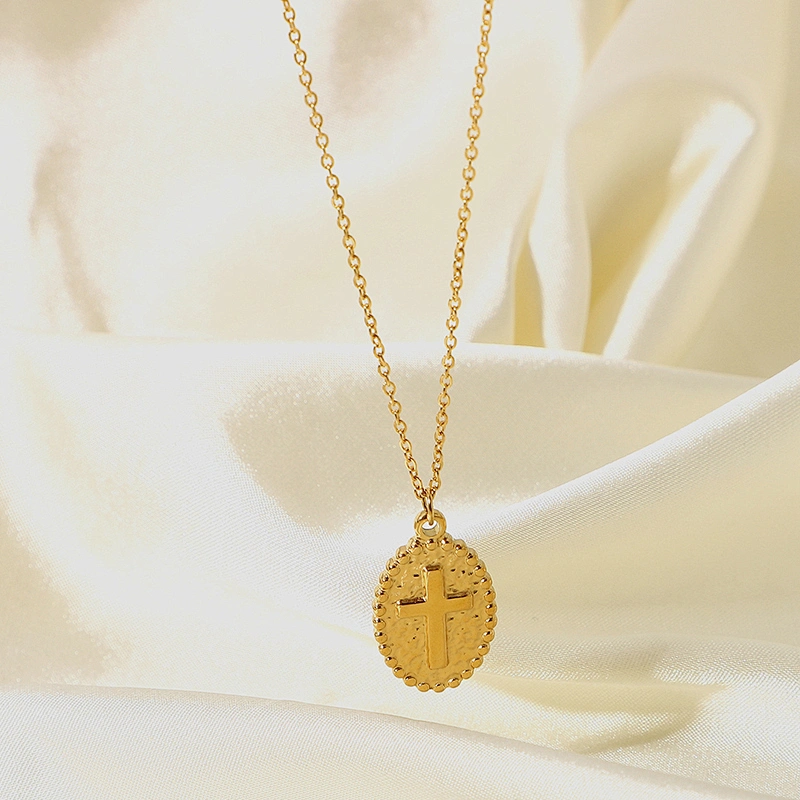 14K Gold Oval Pendant Necklace Engraved Cross Necklace