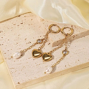 Gold Tassel Heart Freshwater Pearl Zircon Drop Earrings