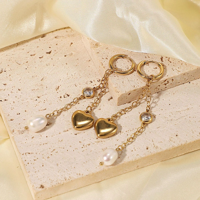 Gold Tassel Heart Freshwater Pearl Zircon Drop Earrings