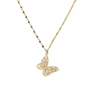 Butterfly Zirconia Pendant Stainless Steel Women Necklace