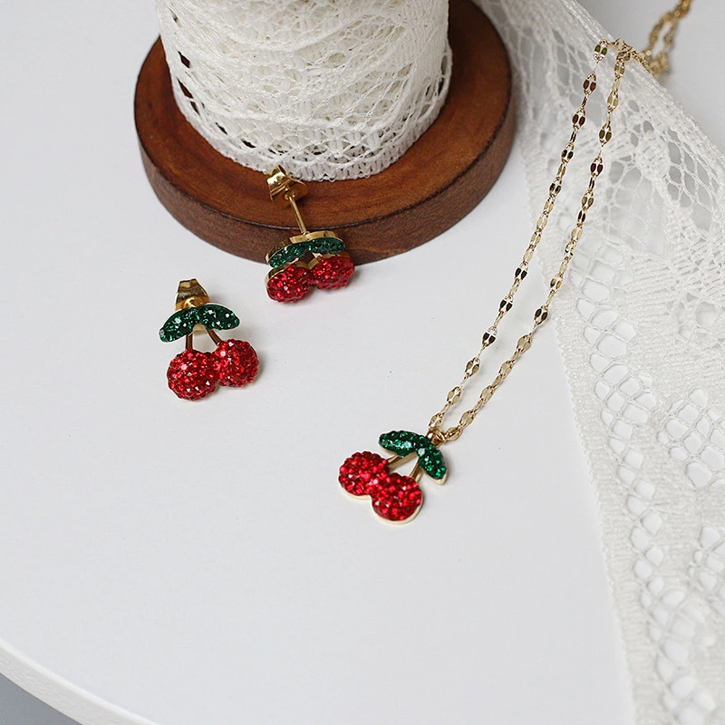 Stainless Steel Crystal Cherry Earrings And Necklace Set