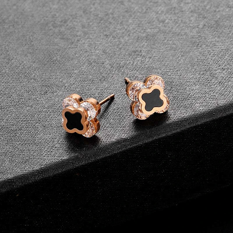 Rose Gold Four-Leaf Clover Stainless Steel Stud Earrings