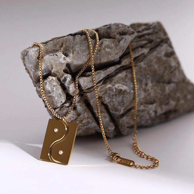 simple Stainless steel rectangle Yin and Yang charm necklace