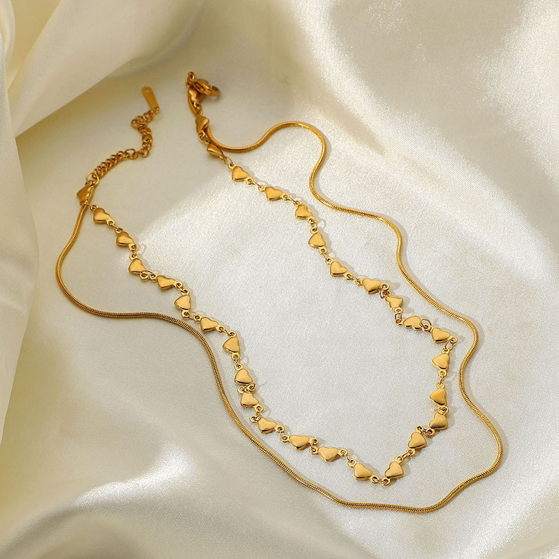Layered Heart Chain And Flat Snake Chain Steel Necklace